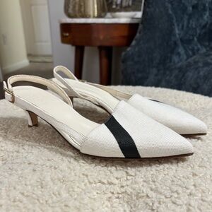 TIBI Simon Kitten Heel Asymmetric Slingback Pumps ivory/black Size 7 EU37 $487